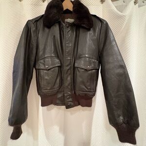 Gino Leathers vintage Dark brown Leather Bomber Jacket with faux Fur Collar